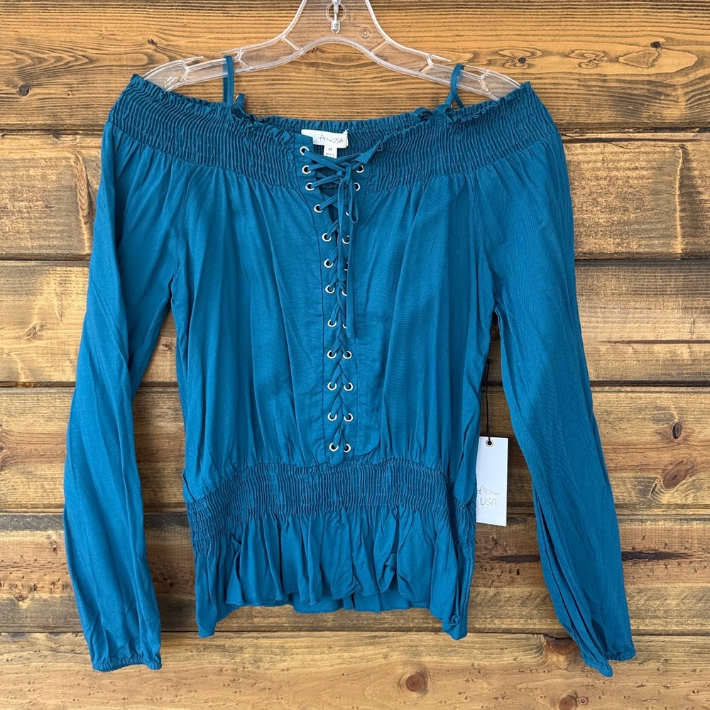 Active USA Teal Off-Shoulder Lace-Up Long Sleeve Blouse